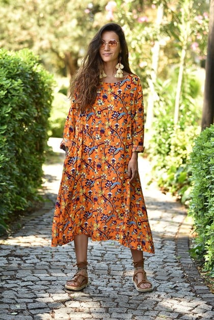 Turuncu Çiçek Desen Basma Cepli Elbise - Şaman Butik | Bohem Giyim ve Aksesuar | Kadın & Erkek Turuncu Çiçek Desen Basma Cepli Elbise