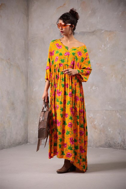 Turuncu Renk Menekşe Desen Elbise - Şaman Butik - Bohem Giyim ve Aksesuar | Kadın & Erkek Turuncu Renk Menekşe Desen Elbise
