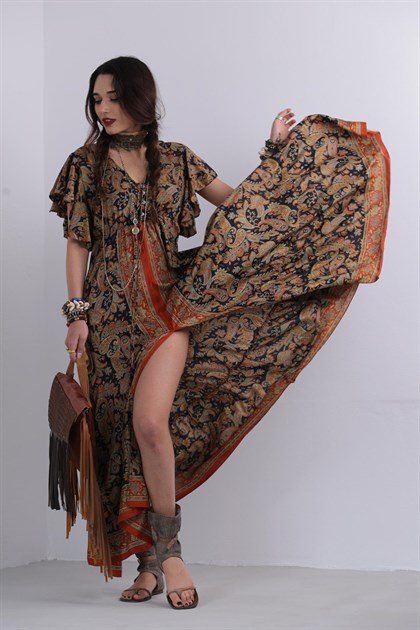 Turuncu Şal Desenli Düğme Detaylı İpek Elbise - Şaman Butik Turuncu Şal Desenli Düğme Detaylı İpek Elbise