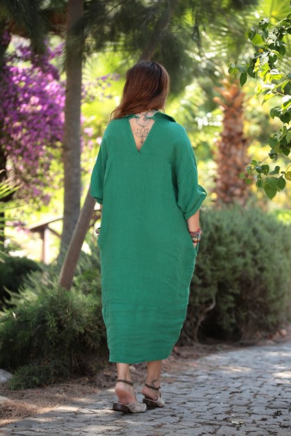 Yeşil Arkası Halkalı Gömlek Elbise - Şaman Butik  - Bohem Giyim ve Aksesuar | Kadın & Erkek Yeşil Arkası Halkalı Gömlek Elbise