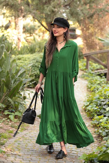Yeşil Arkası Pileli Önü Full Düğmeli Gömlek Elbise - Şaman Butik - Bohem Giyim ve Aksesuar | Kadın & Erkek Yeşil Arkası Pileli Önü Full Düğmeli Gömlek Elbise