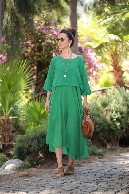  Yeşil Askılı Keten Bluz Detaylı Elbise