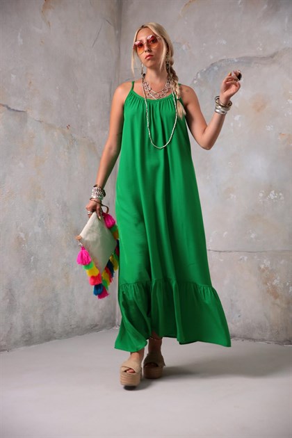Yeşil Askılı Uzun Salaş Elbise - Şaman Butik - Bohem Giyim ve Aksesuar | Kadın & Erkek Yeşil Askılı Uzun Salaş Elbise