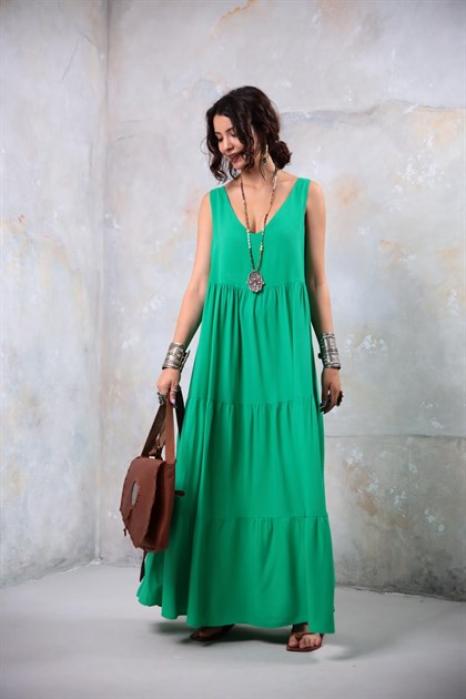Yeşil Kalın Askılı Uzun Elbise - Şaman Butik Yeşil Kalın Askılı Uzun Elbise