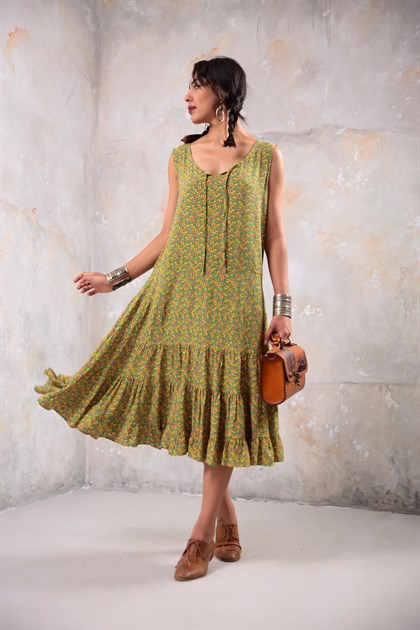 Yeşil Kolsuz Çiçek Desenli Elbise - Şaman Butik Yeşil Kolsuz Çiçek Desenli Elbise