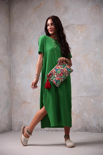 Yeşil Yarım Kol Yırtmaçlı Salaş Elbise - Şaman Butik - Bohem Giyim ve Aksesuar | Kadın & Erkek Yeşil Yarım Kol Yırtmaçlı Salaş Elbise