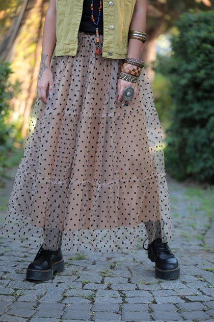 Beige Polka Dot Tulle Skirt - Şaman Butik | Boho Fashion Beige Polka Dot Tulle Skirt