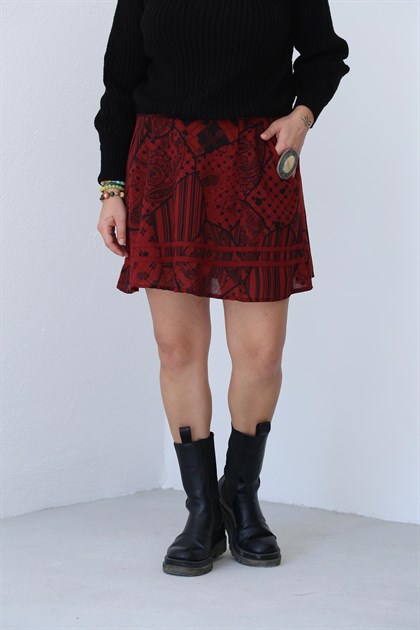 Bordo Desenli İçi Astarlı Cepli Mini Etek - Şaman Butik  - Bohem Giyim ve Aksesuar | Kadın & Erkek Bordo Desenli İçi Astarlı Cepli Mini Etek
