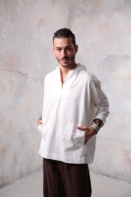 Beyaz Uzun Kollu Kapüşonlu Erkek Gömlek - Şaman Butik Beyaz Uzun Kollu Kapüşonlu Erkek Gömlek