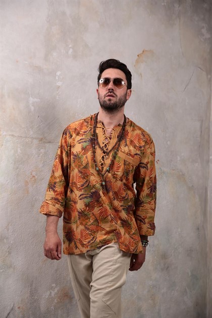 Hardal Desenli Yakası Bağcıklı Bohem Erkek Gömlek - Şaman Butik - Bohem Giyim ve Aksesuar | Kadın & Erkek Hardal Desenli Yakası Bağcıklı Bohem Erkek Gömlek