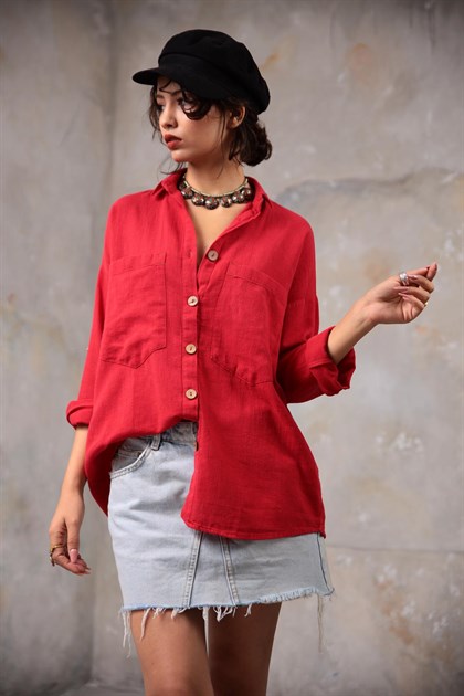 Kırmızı Büyük Cepli Gömlek - Şaman Butik Kırmızı Büyük Cepli Gömlek
