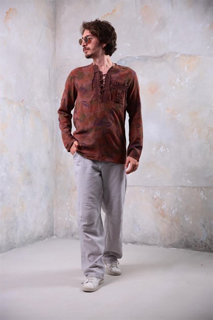 Koyu Kahverengi Desenli Yakası Bağcıklı Bohem Erkek Gömlek - Şaman Butik Koyu Kahverengi Desenli Yakası Bağcıklı Bohem Erkek Gömlek