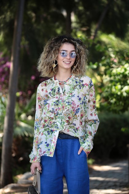 Cream Floral Patterned Shirt - Şaman Butik | Shop Online Cream Floral Patterned Shirt