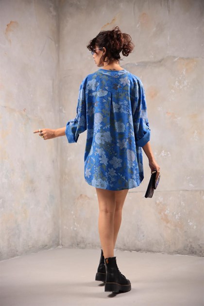 Blue Floral Patterned Shirt - Şaman Butik | Boho Fashion Blue Floral Patterned Shirt