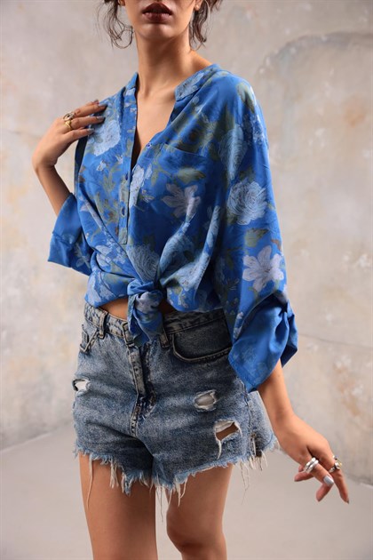 Blue Floral Patterned Shirt - Şaman Butik | Boho Fashion Blue Floral Patterned Shirt