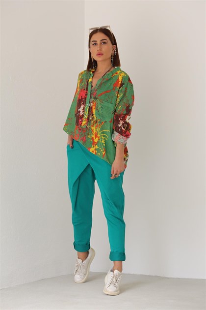 Green Mandarin Collar Splash Patterned Shirt - Şaman Butik | Shop Online Green Mandarin Collar Splash Patterned Shirt