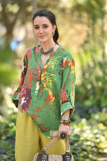 Yeşil Hakim Yaka Mürekkep Desenli Gömlek - Şaman Butik - Bohem Giyim ve Aksesuar | Kadın & Erkek Yeşil Hakim Yaka Mürekkep Desenli Gömlek