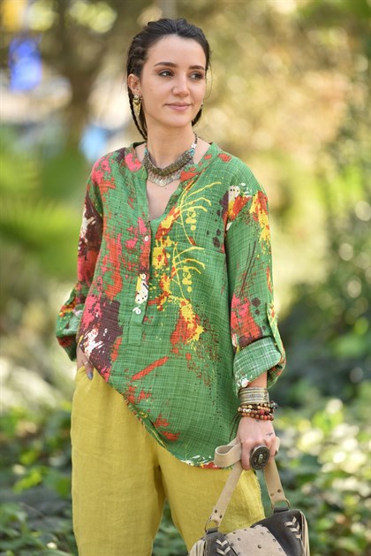 Yeşil Hakim Yaka Mürekkep Desenli Gömlek - Şaman Butik  - Bohem Giyim ve Aksesuar | Kadın & Erkek Green Mandarin Collar Splash Patterned Shirt