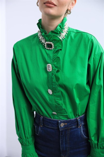  Yeşil İncili Düğme Detaylı Gömlek