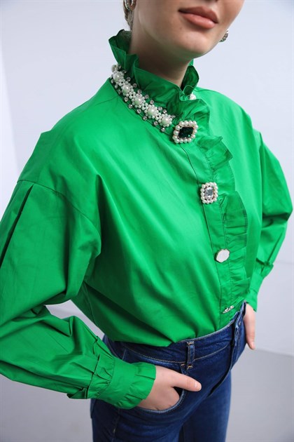  Yeşil İncili Düğme Detaylı Gömlek