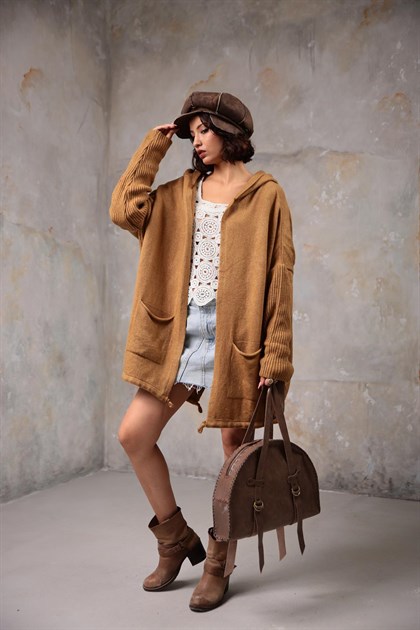 Light Brown Hooded Pocket Detail Short Cardigan - Saman Butik | Shop Online Light Brown Hooded Pocket Detail Short Cardigan
