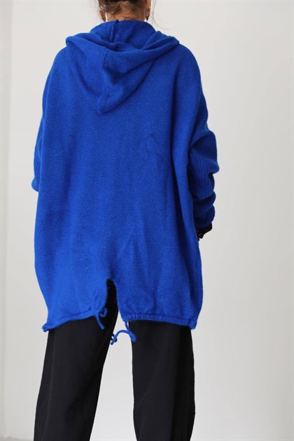 Sax Blue Hooded Pocket Detail Short Cardigan - Saman Butik | Shop Online Sax Blue Hooded Pocket Detail Short Cardigan