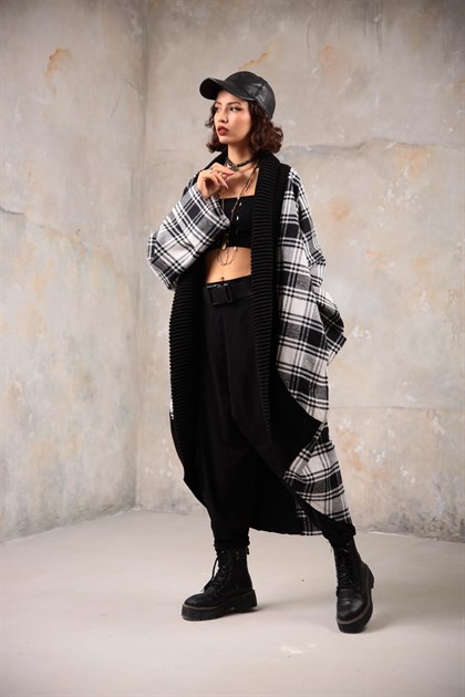 Black Plaid Patched Back Knitting Neck Cardigan - Saman Butik | Shop Online Black Plaid Patched Back Knitting Neck Cardigan