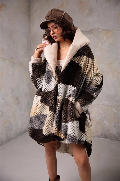 Brown Big Hooded Plush Coat - Saman Butik | Shop Online Brown Big Hooded Plush Coat