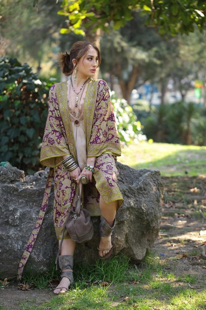 Bordo Şal Desenli Kimono - Şaman Butik Bordo Şal Desenli Kimono