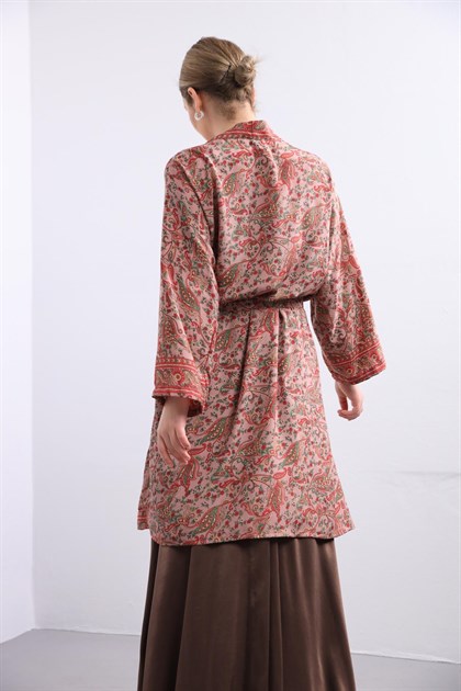Gül Kurusu Desenli Kısa İpek Kimono - Şaman Butik - Bohem Giyim ve Aksesuar | Kadın & Erkek Gül Kurusu Desenli Kısa İpek Kimono