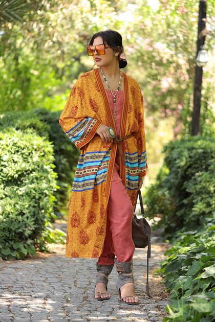 Hardal Sarısı Etnik Desenli Kaftan - Şaman Butik - Bohem Giyim ve Aksesuar | Kadın & Erkek Hardal Sarısı Etnik Desenli Kaftan