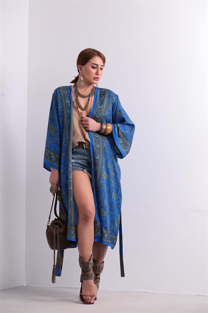 Koyu Mavi Şal Desenli Kimono - Şaman Butik Koyu Mavi Şal Desenli Kimono