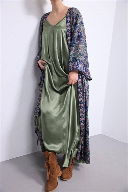 Lacivert Desenli Uzun İpek Kaftan - Şaman Butik - Bohem Giyim ve Aksesuar | Kadın & Erkek Lacivert Desenli Uzun İpek Kaftan