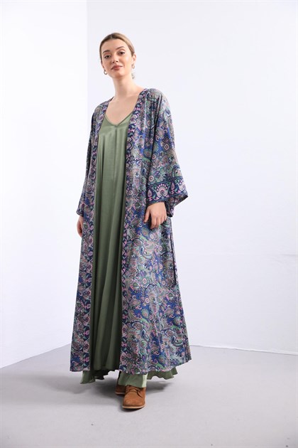 Lacivert Desenli Uzun İpek Kaftan - Şaman Butik - Bohem Giyim ve Aksesuar | Kadın & Erkek Lacivert Desenli Uzun İpek Kaftan