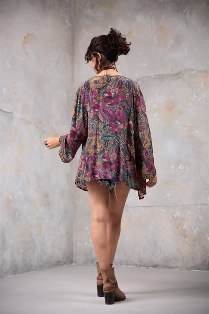 Renkli Pul İşlemeli Kısa Kimono - Şaman Butik Renkli Pul İşlemeli Kısa Kimono