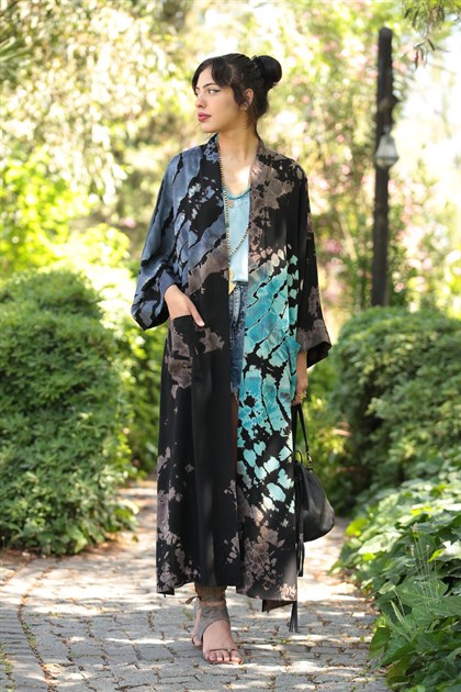 Siyah Batikli Kimono - Şaman Butik Siyah Batikli Kimono