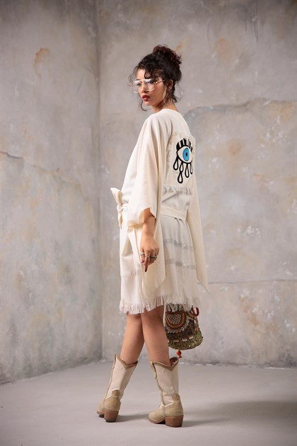  Taş Rengi Sırtı Göz Desenli Büyük Kollu Kimono