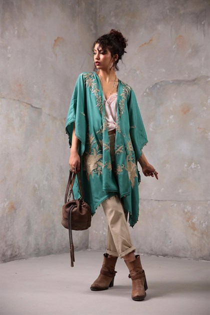 Zümrüt Yeşili İşlemeli Kimono - Şaman Butik Zümrüt Yeşili İşlemeli Kimono