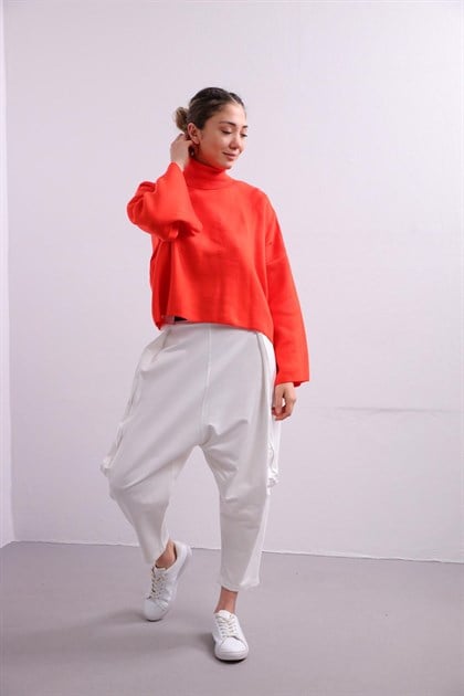 Orange Turtleneck Wide Sleeve Loose Knitwear Pullover - Saman Butik | Shop Online Orange Turtleneck Wide Sleeve Loose Knitwear Pullover