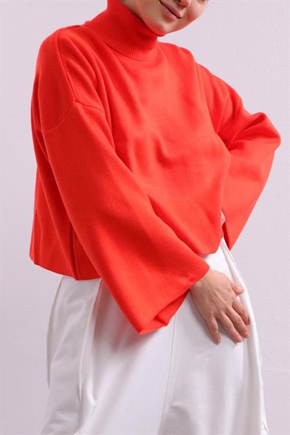 Orange Turtleneck Wide Sleeve Loose Knitwear Pullover - Saman Butik | Shop Online Orange Turtleneck Wide Sleeve Loose Knitwear Pullover