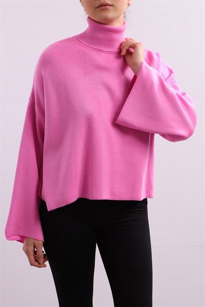 Light Pink Turtleneck Wide Sleeve Loose Knitwear Pullover - Saman Butik | Shop Online Light Pink Turtleneck Wide Sleeve Loose Knitwear Pullover