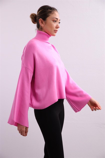 Light Pink Turtleneck Wide Sleeve Loose Knitwear Pullover - Saman Butik | Shop Online Light Pink Turtleneck Wide Sleeve Loose Knitwear Pullover