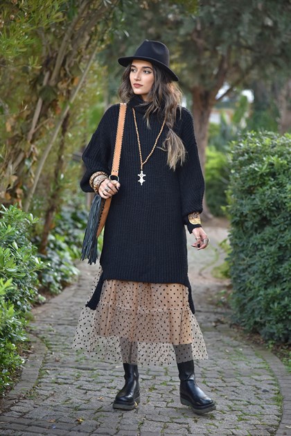 Siyah Altı İpli Kazak Tunik - Şaman Butik | Boho Fashion Siyah Altı İpli Kazak Tunik