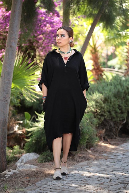 Siyah Arkası Halkalı Gömlek Elbise - Şaman Butik  - Bohem Giyim ve Aksesuar | Kadın & Erkek Siyah Arkası Halkalı Gömlek Elbise