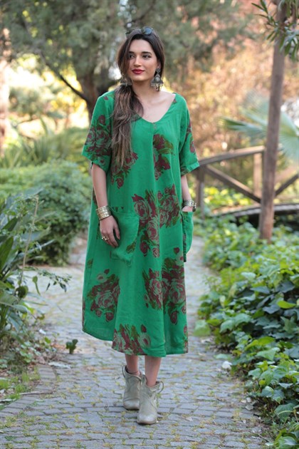 Yeşil Çiçekli V Yaka Keten Elbise - Şaman Butik  - Bohem Giyim ve Aksesuar | Kadın & Erkek Yeşil Çiçekli V Yaka Keten Elbise