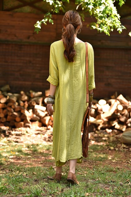 Yeşil Önü Dikişli Uzun Keten Elbise - Şaman Butik Yeşil Önü Dikişli Uzun Keten Elbise