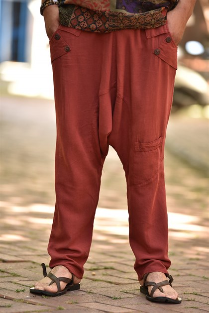 Kırmızı Cebi Düğmeli Loris Erkek Şalvar Pantolon
