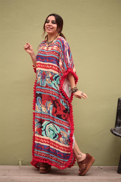 Kırmızı Etnik Desen Ponponlu  Belden Büzgülü Panço - Şaman Butik  - Bohem Giyim ve Aksesuar | Kadın & Erkek Kırmızı Etnik Desen Ponponlu  Belden Büzgülü Panço