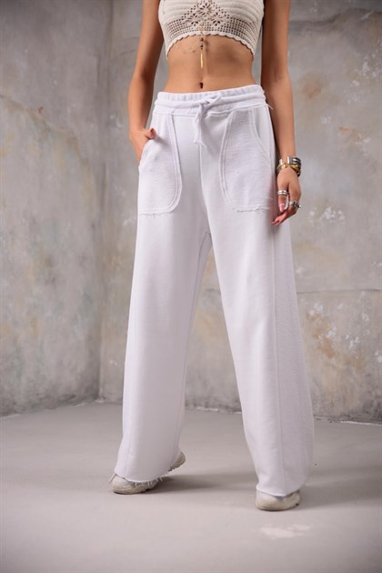 Beyaz Parça Detaylı Paçası Dikişsiz Pantolon - Şaman Butik Beyaz Parça Detaylı Paçası Dikişsiz Pantolon