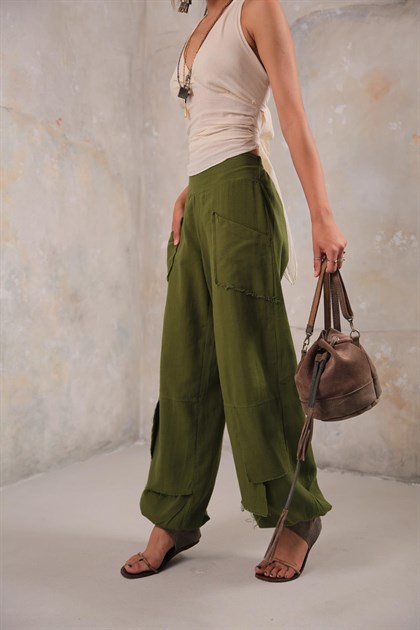 Khaki Stitched Pockets Trousers - Saman Butik | Shop Online Khaki Stitched Pockets Trousers
